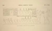 An illustration from Monuments de l'Égypte et de la Nubie, d'après les dessins exécutés sur les lieux sous la direction de Champollion-le-jeune, et les descriptions autographes qu'il en a rédigées; pub. sous les auspices de M. Guizot et de M. Thiers ... par une commission spéciale. Planches (1835)