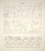 An illustration from Monuments de l'Égypte et de la Nubie, d'après les dessins exécutés sur les lieux sous la direction de Champollion-le-jeune, et les descriptions autographes qu'il en a rédigées; pub. sous les auspices de M. Guizot et de M. Thiers ... par une commission spéciale. Planches (1835)