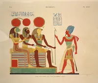 An illustration from Monuments de l'Égypte et de la Nubie, d'après les dessins exécutés sur les lieux sous la direction de Champollion-le-jeune, et les descriptions autographes qu'il en a rédigées; pub. sous les auspices de M. Guizot et de M. Thiers ... par une commission spéciale. Planches (1835)