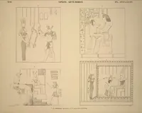 An illustration from Monuments de l'Égypte et de la Nubie, d'après les dessins exécutés sur les lieux sous la direction de Champollion-le-jeune, et les descriptions autographes qu'il en a rédigées; pub. sous les auspices de M. Guizot et de M. Thiers ... par une commission spéciale. Planches (1835)