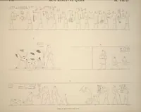 An illustration from Monuments de l'Égypte et de la Nubie, d'après les dessins exécutés sur les lieux sous la direction de Champollion-le-jeune, et les descriptions autographes qu'il en a rédigées; pub. sous les auspices de M. Guizot et de M. Thiers ... par une commission spéciale. Planches (1835)