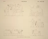 An illustration from Monuments de l'Égypte et de la Nubie, d'après les dessins exécutés sur les lieux sous la direction de Champollion-le-jeune, et les descriptions autographes qu'il en a rédigées; pub. sous les auspices de M. Guizot et de M. Thiers ... par une commission spéciale. Planches (1835)