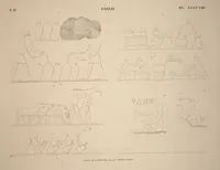 An illustration from Monuments de l'Égypte et de la Nubie, d'après les dessins exécutés sur les lieux sous la direction de Champollion-le-jeune, et les descriptions autographes qu'il en a rédigées; pub. sous les auspices de M. Guizot et de M. Thiers ... par une commission spéciale. Planches (1835)