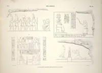 An illustration from Monuments de l'Égypte et de la Nubie, d'après les dessins exécutés sur les lieux sous la direction de Champollion-le-jeune, et les descriptions autographes qu'il en a rédigées; pub. sous les auspices de M. Guizot et de M. Thiers ... par une commission spéciale. Planches (1835)