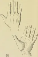 An illustration from A manual of cheirosophy : being a complete practical handbook of the twin sciences of cheirognomy and cheiromancy, by means whereof the past, the present, and the future may be read in the formations of the hands ; preceded by an introductory argument upon the science of cheirosophy and its claims to rank as a physical science / by Ed. Heron-Allen ; with full-page and other illustrations by Rosamund Brunel Horsley. (1885)