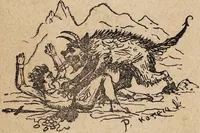 An illustration from Histoire horrible et espouuantable de ce qui s'est fait & passé au faux-bourg S. Marcel : à la mort d'vn miserable, qui a esté deuoré par plusieurs diables transformez en dogues, & ce pour auoir blasphemé le sainct nom de Dieu & battu sa mère. (1880)